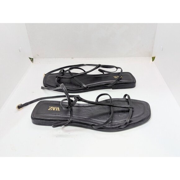 Zara Woman’s Flat Black Strappy Sandals With  Ankle Strap Buckles Size 38/7.5 - Picture 8 of 8
